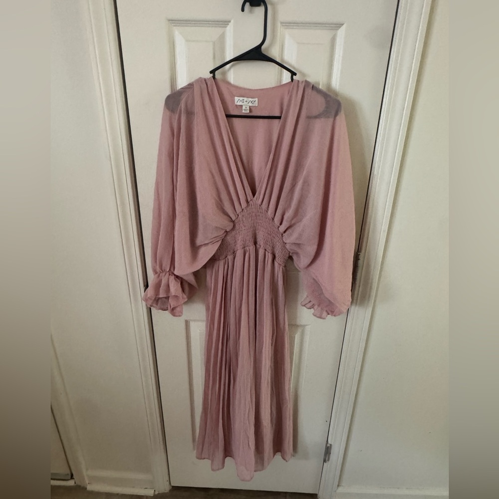 She + Sky Blush Pink Midi Dress Women’s Small Boho Smocked Waist Flowy Sleeve